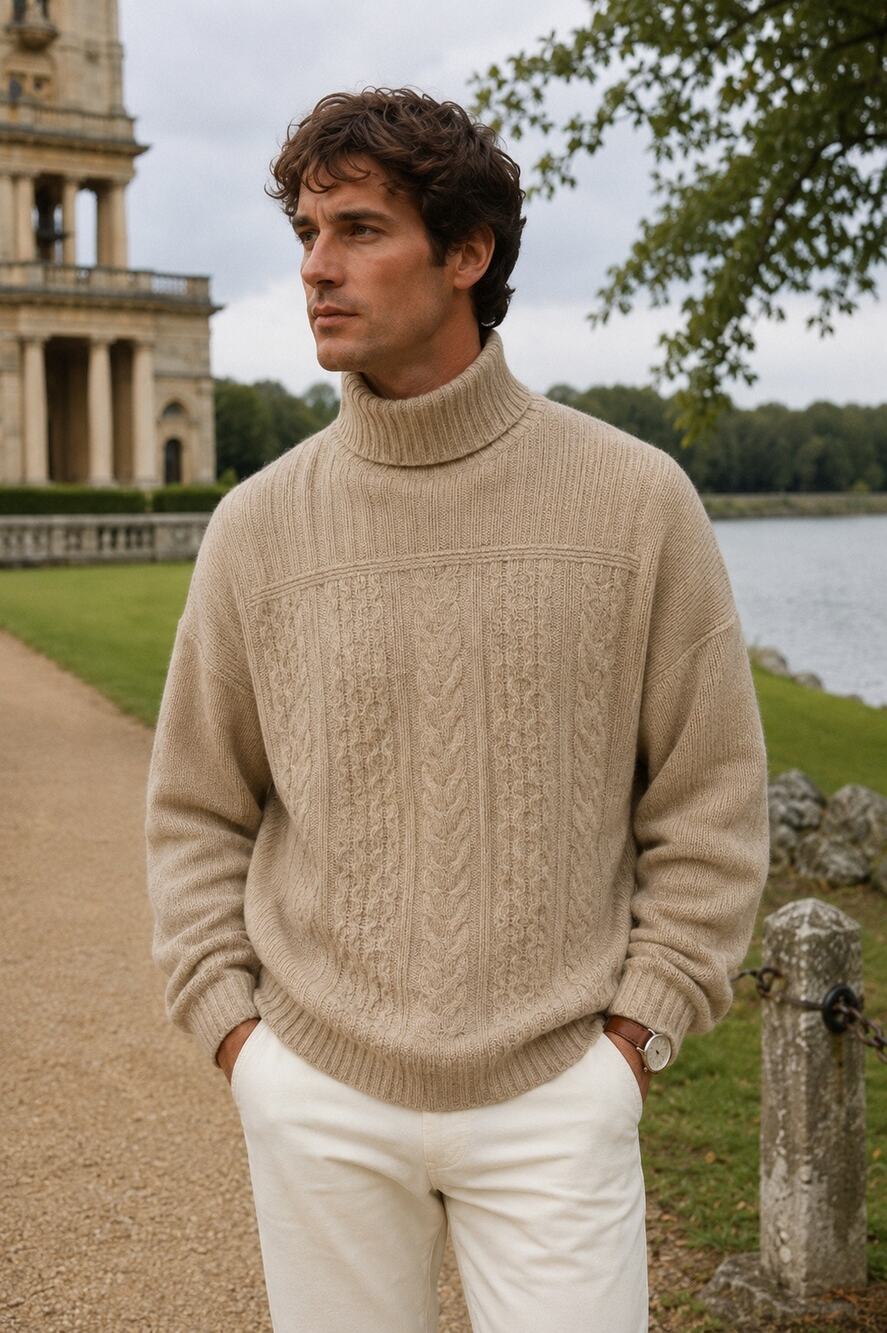 Inis Crafts Chunky Cable Knit Wool Turtleneck Sweater Beige Men’s Large Grandpa